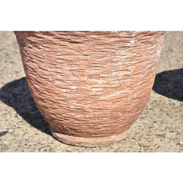 Mid-Century Modern Pair of Vtg Red Distress Painted Fiberglass Round Garden Planter Pots Faux Stone For Sale - Image 3 of 9
