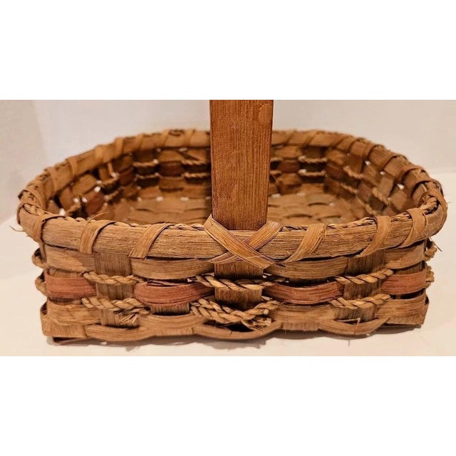 Brown Vintage Handmade Woven Natural Wood Basket With Handle 12.25" X 10.75" For Sale - Image 8 of 9
