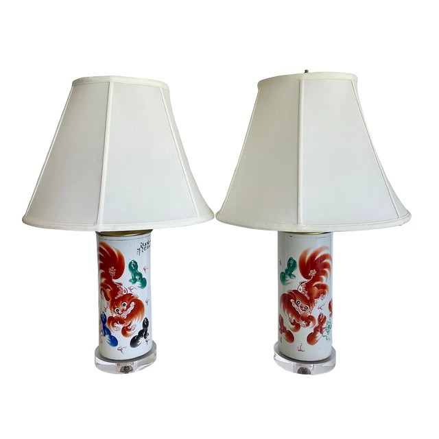 1960's Asian Hand Painted Ceramic Table Lamps on Lucite Bases/A Pair For Sale
