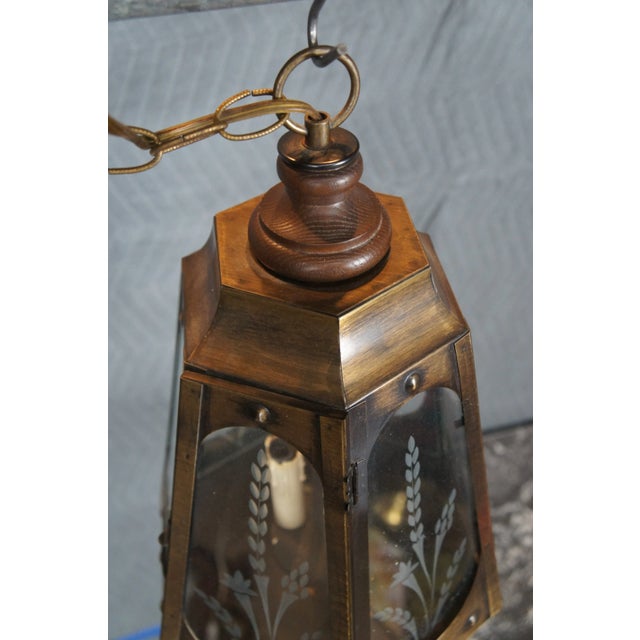 Vintage Brass Etched Glass Swag Pendant Light For Sale - Image 9 of 12