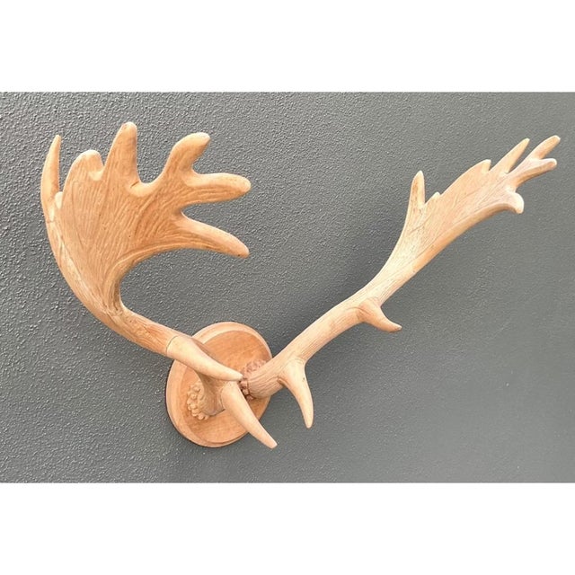 Tan Vintage Carved Wood Antler Wall Mount For Sale - Image 8 of 12