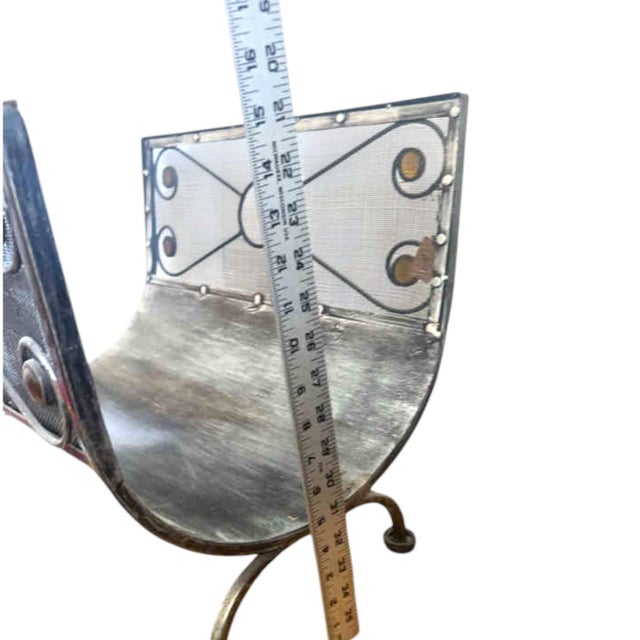 Metal Art Deco Style Silver Toned Metal Mesh Firewood Holder Scrolling Metal Amber Glass Medallions For Sale - Image 7 of 9