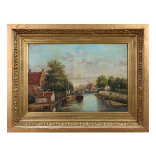 Belgian Artist, River Landscape with Sailboats, 1850s, Oil on Canvas For Sale