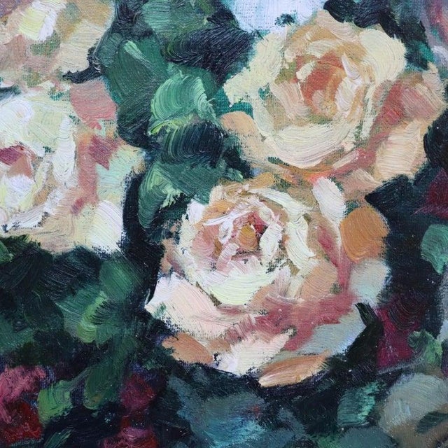 Mid-Century Modern Vintage Oil on Canvas Floral Still Life Painting of Garden Roses C1960 For Sale - Image 3 of 14