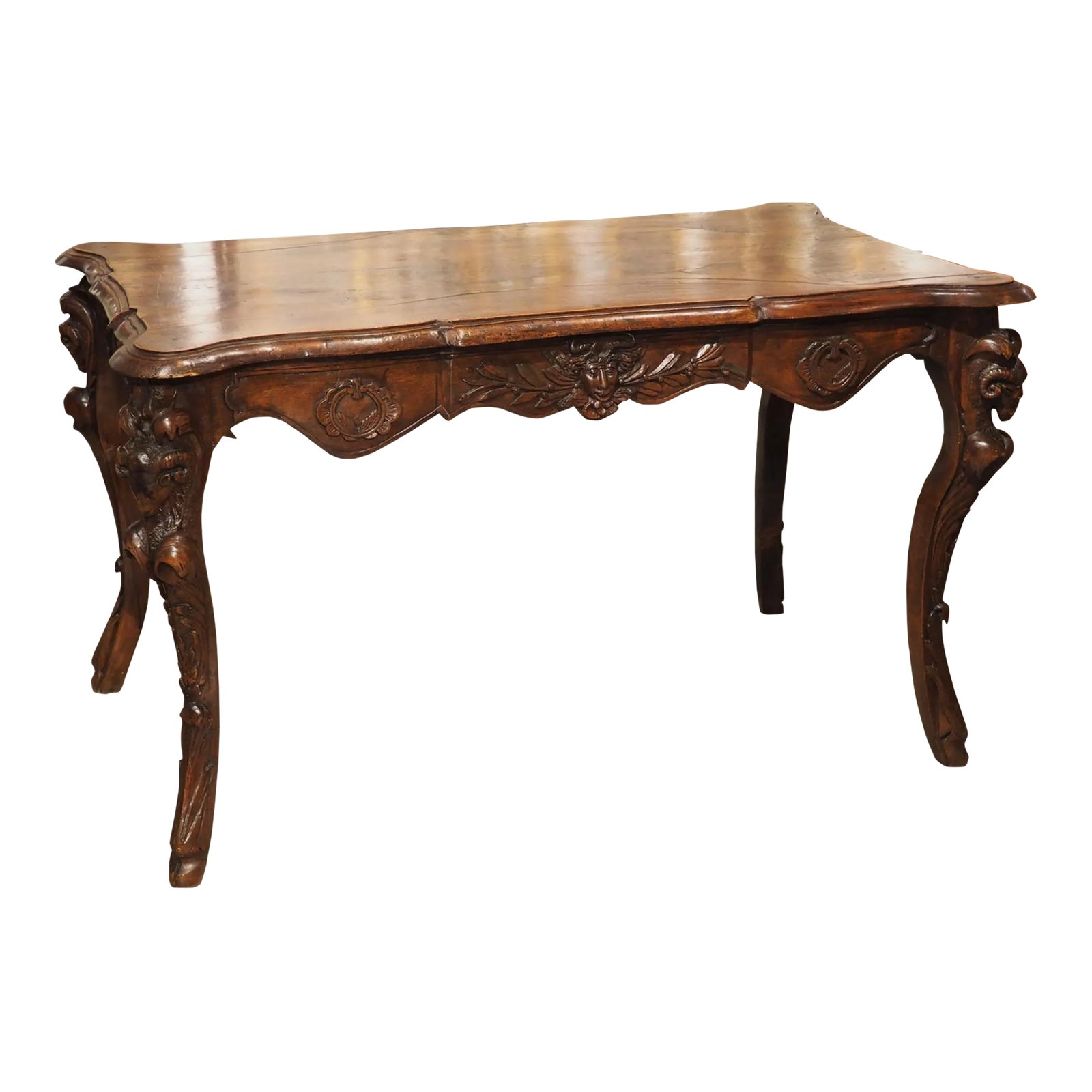 Circa 1870 French Walnut Wood Center Table With Rams' Heads