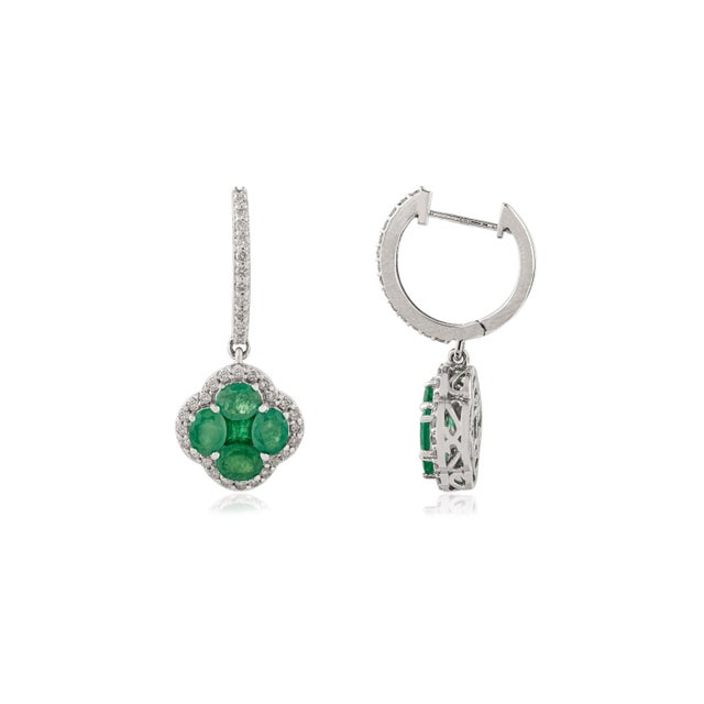 2.92Ct Zambian Emerald & Diamond Clover Dangle Drop Earrings in 14k Gold- A Pair For Sale - Image 4 of 13