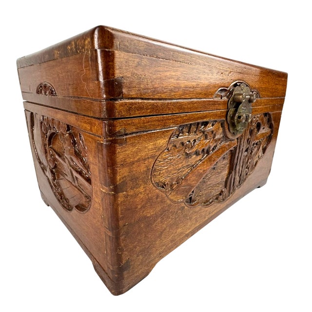 Vintage Hand-Carved Chinese Wood Box Asian Decor For Sale - Image 4 of 10