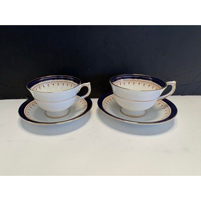 Ceramic Vintage Aynsley Leighton Teacups & Saucers Set of 2 | Fine English Bone China | Navy Blue Gold Tea Cups | England 1646 For Sale - Image 7 of 8