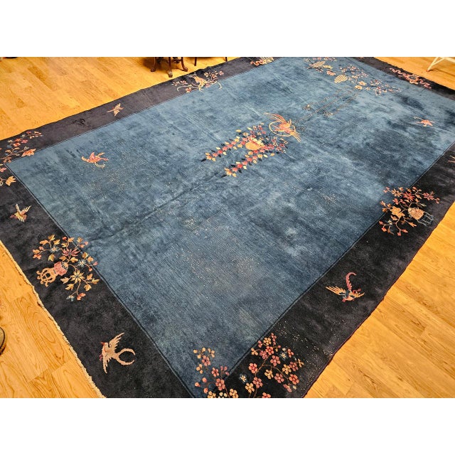 Royal Blue Antique Chinese Art Deco Rug, Hand-Knotted Wool Pile, Phoenix Motif Design, French Blue & Navy, 10' X 17’ For Sale - Image 8 of 17