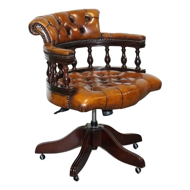 Fully Cigar Brown Leather Chesterfield Captains Office Swivel Armchair For Sale