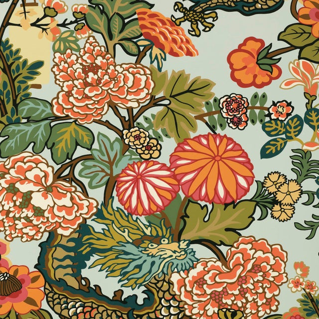Chinoiserie Sample - Schumacher Chiang Mai Dragon Wallpaper in Aquamarine For Sale - Image 3 of 4