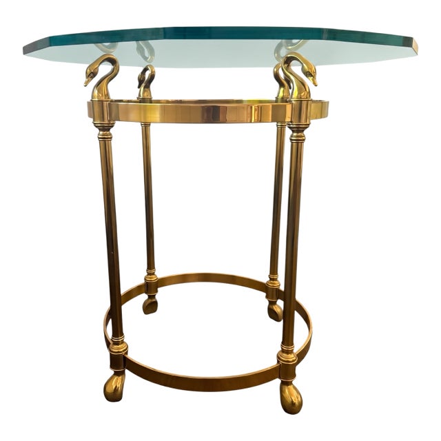 Vintage Hollywood Regency Brass Swan Head Side Table With Thick Hexagonal Shaped Beveled Glass Top For Sale