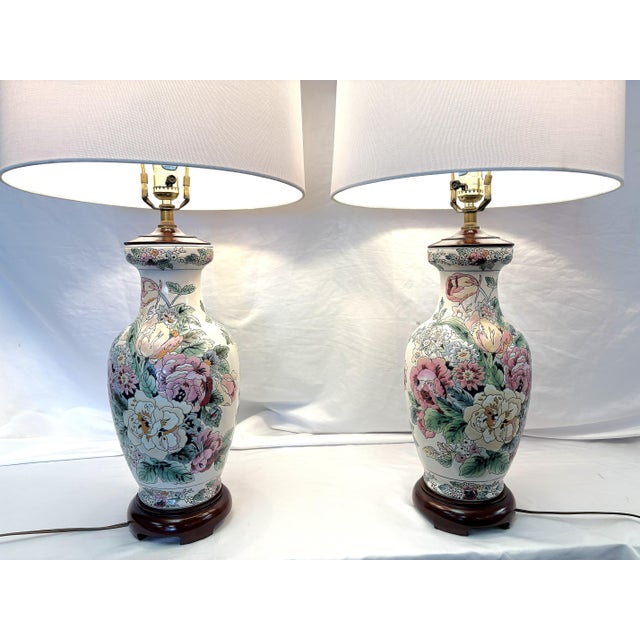 Vintage Ceramic Vase Lamps With Elegant Floral Design on Wood Plinths- A Pair For Sale - Image 15 of 15