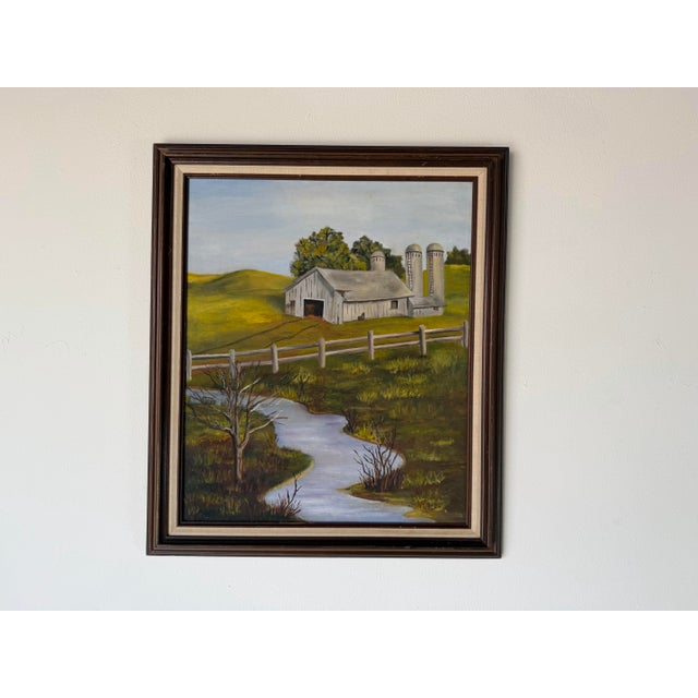 Farmhouse 1970’s Vintage Impressionist Farm River Landscape Oil on Canvas Painting, Framed For Sale - Image 3 of 11