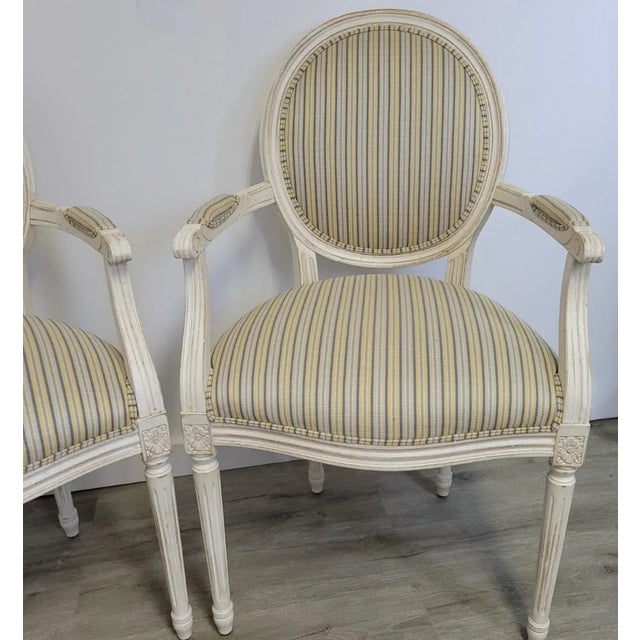 Ethan Allen Louis XVI French Striped Style Oval Back Armchairs in Distressed White Finish For Sale In Raleigh - Image 6 of 13