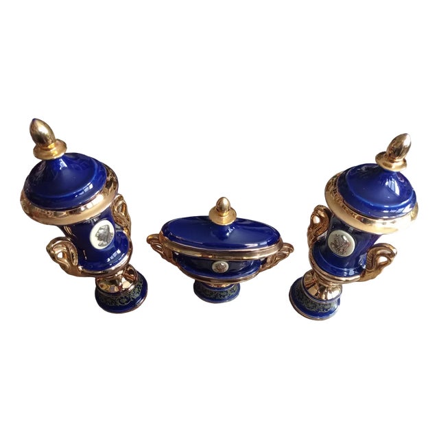 Mantelpiece in Cobalt Blue and Gold Ceramic, 1920s-1930s, Set of 3 For Sale