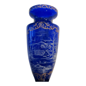 20th Century Snow Painted Monumental Cobalt Blue Gold Relief Glass Vase