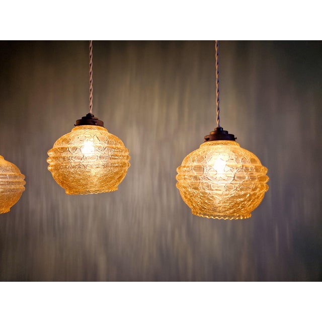 Art Deco Pendant Lights in Amber Cracked Glass, 1920s, Set of 3 For Sale - Image 10 of 13