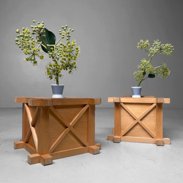 Set of two charming wooden stands for small ceramic vases, traditionally used in Shinto home altars (Kamidana) to hold...