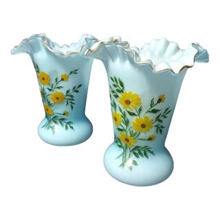 Pair of Antique Blue Opaline Bristol Glass Vases Ruffled Edge Hand Painted Matching Mantel For Sale