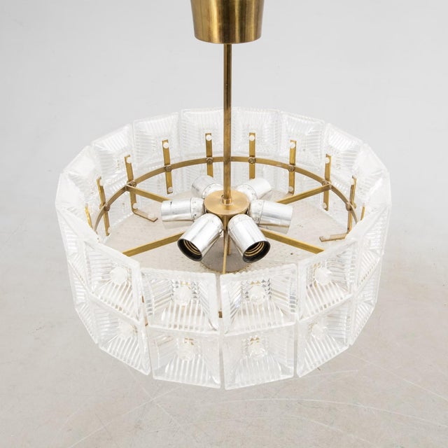Mid-Century Modern Vintage Crystal Glass and Brass Pendant Light by Carl Fagerlund for Orrefors, 1960 For Sale - Image 3 of 5