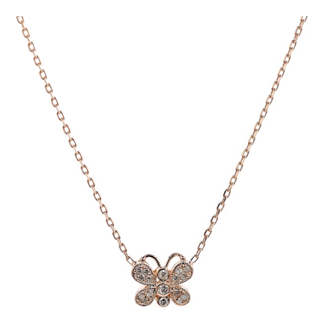14k(585) Rose Gold Natural Diamond Butterfly Pendant Necklace With Chain For Sale