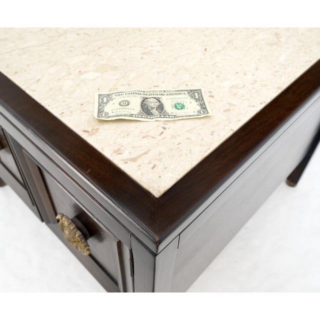 Beige Pair Square Marble Top 2 Door Nightstands End Tables Large Decorative Pulls Mint For Sale - Image 8 of 16