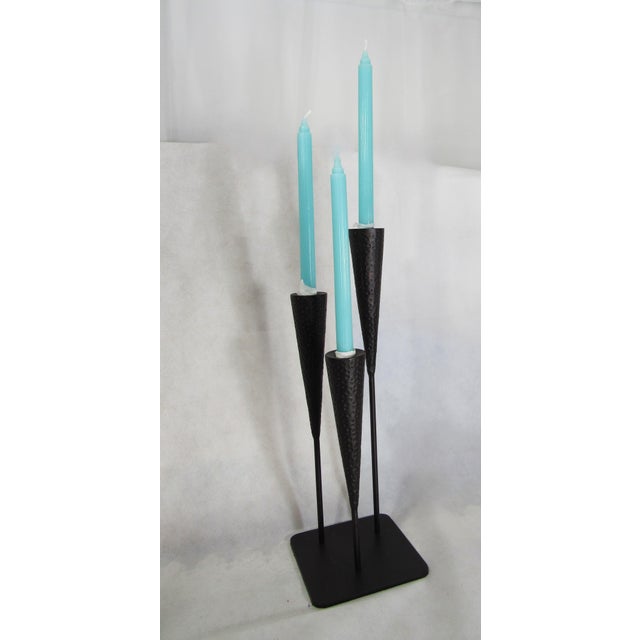 Vintage Brutalist Rustic 3 Head Candleabra Hammered Iron 18" For Sale - Image 12 of 12