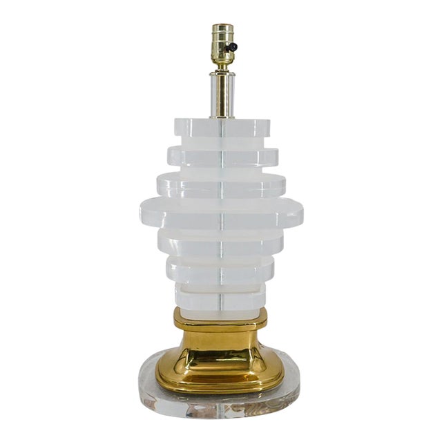 Large 1970's Stacked Thick Lucite and Brass Accent Design Lamp For Sale