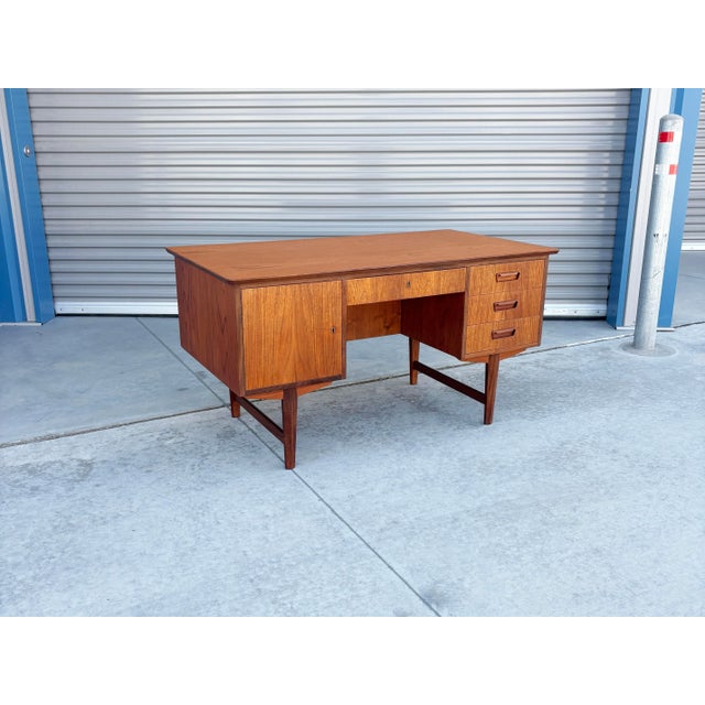 Mid-Century Modern 1960s Danish Modern Teak Partners Desk With Drop-Down Bar & Bookcase Back For Sale - Image 3 of 12