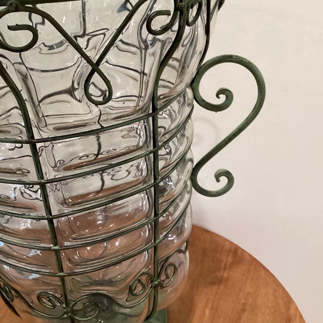 Large Hand Blown Caged Glass Footed Vase Wrought Iron Frame Scroll Handles For Sale In Chicago - Image 6 of 12