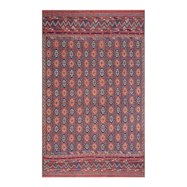 1900s Multicolor Diamond Tribal Antique Persian Soumak Rug 6'4" X 10'9" Hand Knotted Wool Carpet For Sale
