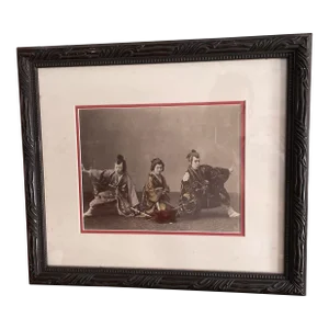 19th Century Hand Colored Black and White Photograph of Two Samurai and a Geisha