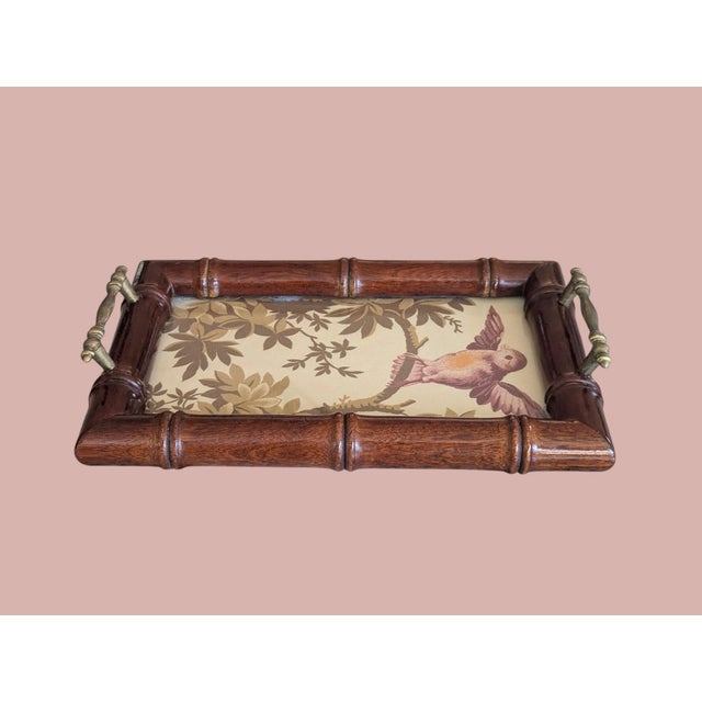 Vintage Faux Bamboo Glass Tray With Schumacher Fabric Insert For Sale - Image 11 of 14