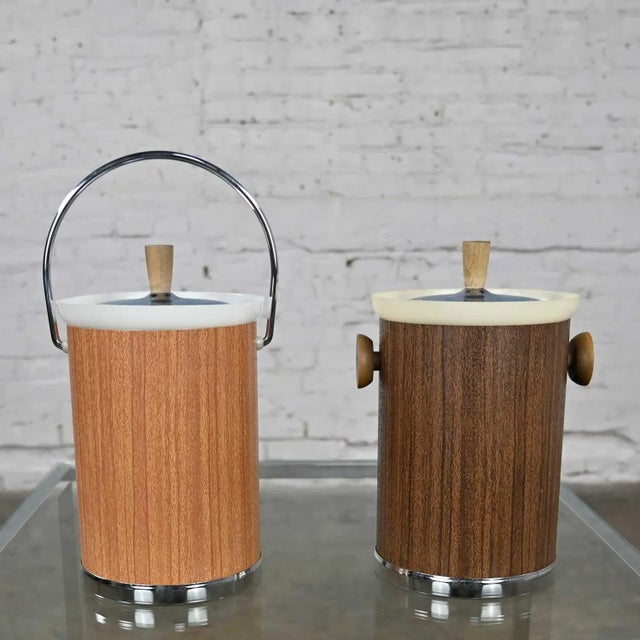 Vintage Mid-Century Modern Pair Kromex Ice Buckets 1 Light 1 Dark Woodgrain Textured Metal - Set of 2 For Sale - Image 13 of 13