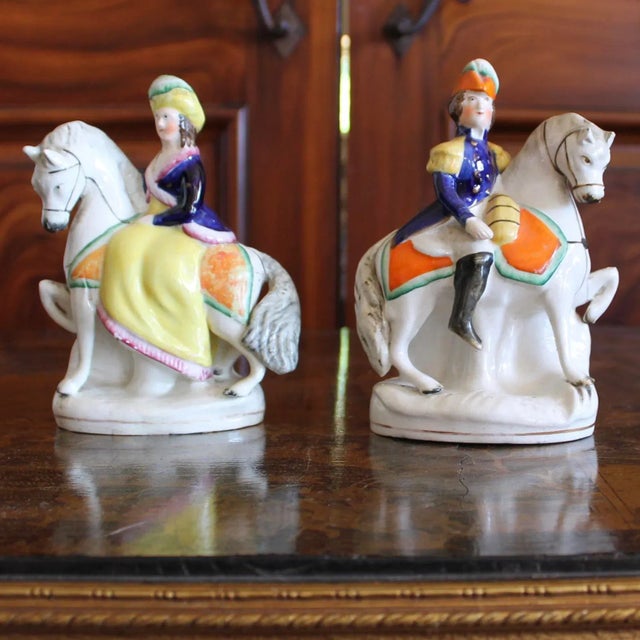 White Pair of Staffordshire Figures, Lady and Gentleman, Mounted on Horses For Sale - Image 8 of 8