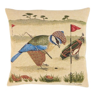Bertie Bluetit the Golfer Tapestry Cushion With Feather Filler - 46x46cm (18"x18") For Sale