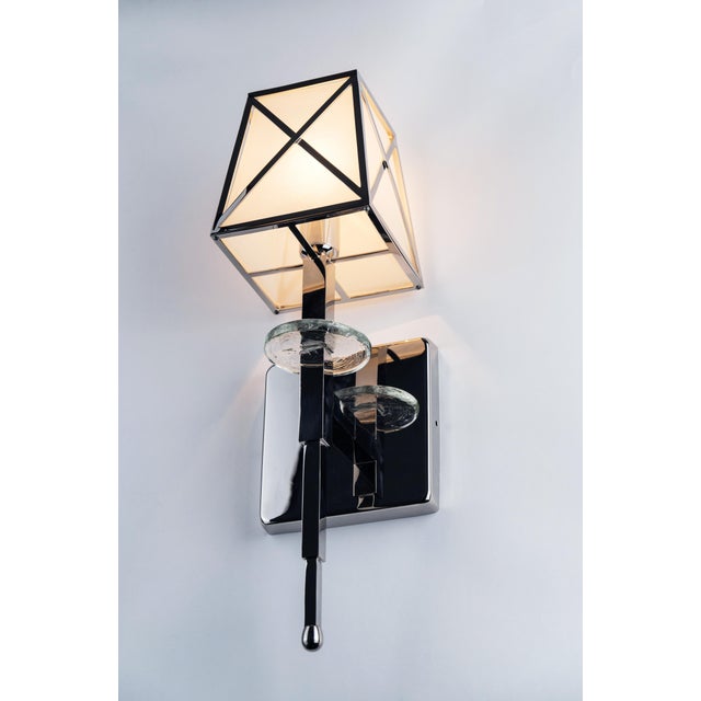 Contemporary Andorra Colonial Noir Geometric Wall Sconce in Nickel-Plated Brass and Clear Frosted Artisan Glass by ZAVADSKI, 2020 For Sale - Image 3 of 5