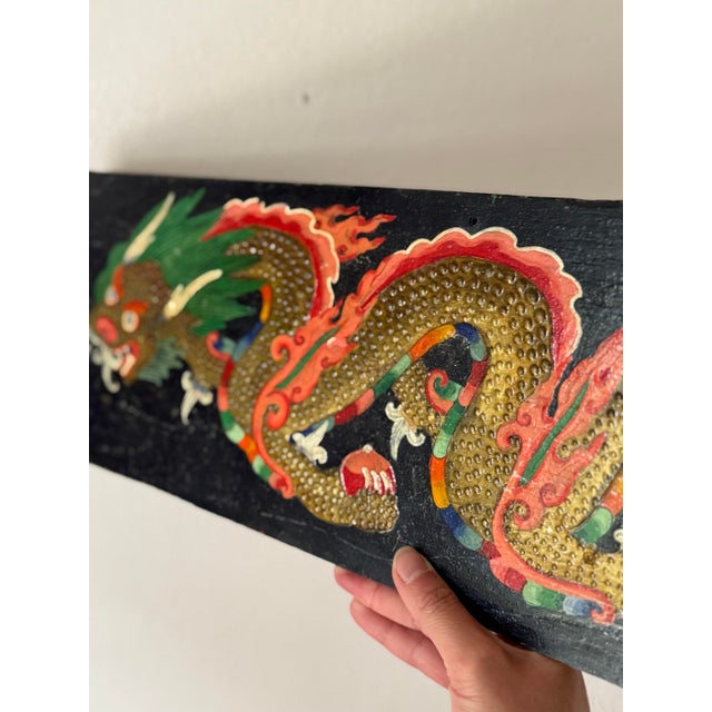 Wood Vintage Asian Dragon Painting on Reclaimed 1972 Military Ammunition Crate Panel - Hand-Painted Relief Folk Art Wall Decor For Sale - Image 7 of 12