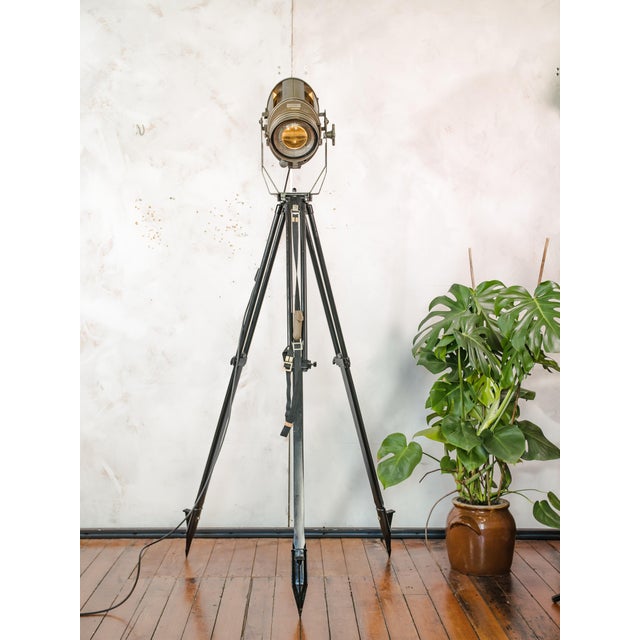 Wood Industrial Tripod Theater Spotlight Floor Lamp from ADB Belgium, 1960s For Sale - Image 7 of 18