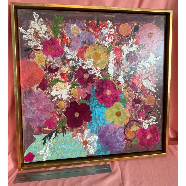 Roberta Pruett Beasley Signed Original Mixed-Media Floral Collage Painting, Framed, 20.75" For Sale - Image 14 of 15