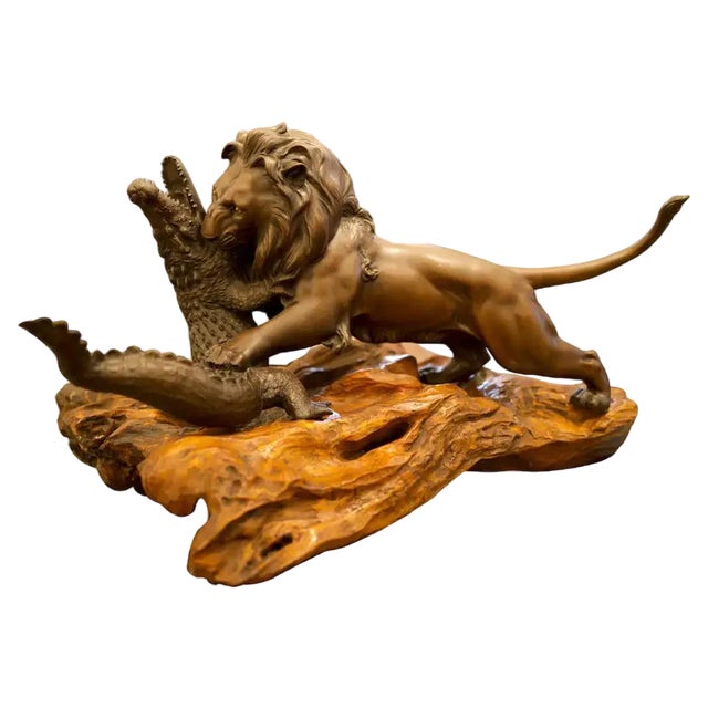 19th Century Bronze Lion and Crocodile on Hardwood Base For Sale