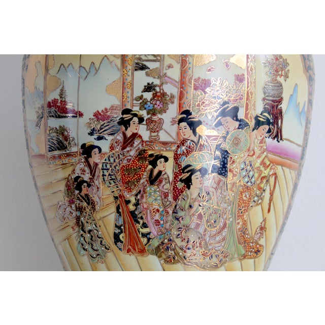 Vintage Royal Satsuma-Style 24" Porcelain Floor Vase – Gold Gilt & Dragon Handles For Sale - Image 13 of 18
