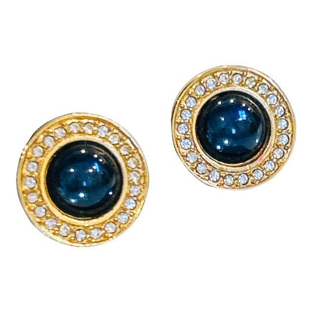 Vintage Monet Gold-Tone Earrings With Blue Cabochon and Rhinestone Accents, A Pair For Sale
