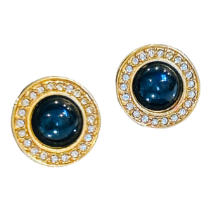 Vintage Monet Gold-Tone Earrings With Blue Cabochon and Rhinestone Accents, A Pair