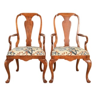 Baker Furniture Queen Anne Carved Walnut Armchairs or Dining Captain Chairs, Pair For Sale