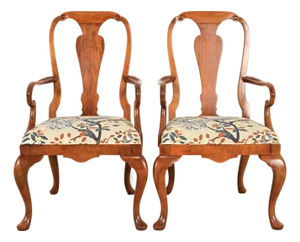 Baker Furniture Queen Anne Carved Walnut Armchairs or Dining Captain Chairs, Pair
