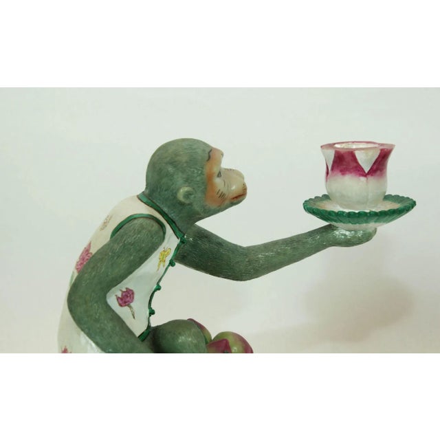 Pair of Vintage Chinoiserie Monkey Lotus Candleholders, Painted Resin For Sale - Image 11 of 13
