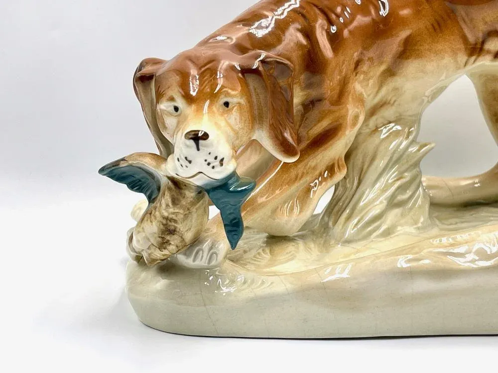Large Hunting Dog with Duck Figurine in Porcelain from Royal Dux
