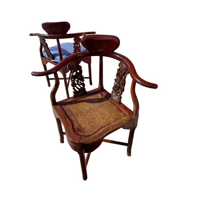 Late 19th Century Pair of Antique Hand Carved Asian Style Corner Chairs With Removable Blue Cushions For Sale - Image 4 of 7